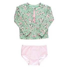RuffleButts Long Sleeve Zipper Rash Guard - 2-Piece - Tea Roses - 4T