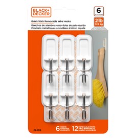 BLACK+DECKER Wire Toggle Hooks, Quick Stick Adhesive, Removeable, 6 Wall Hooks, 12 Adhesive Strips, Hang Decorations Without Damaging Walls, up to 2 lbs., White