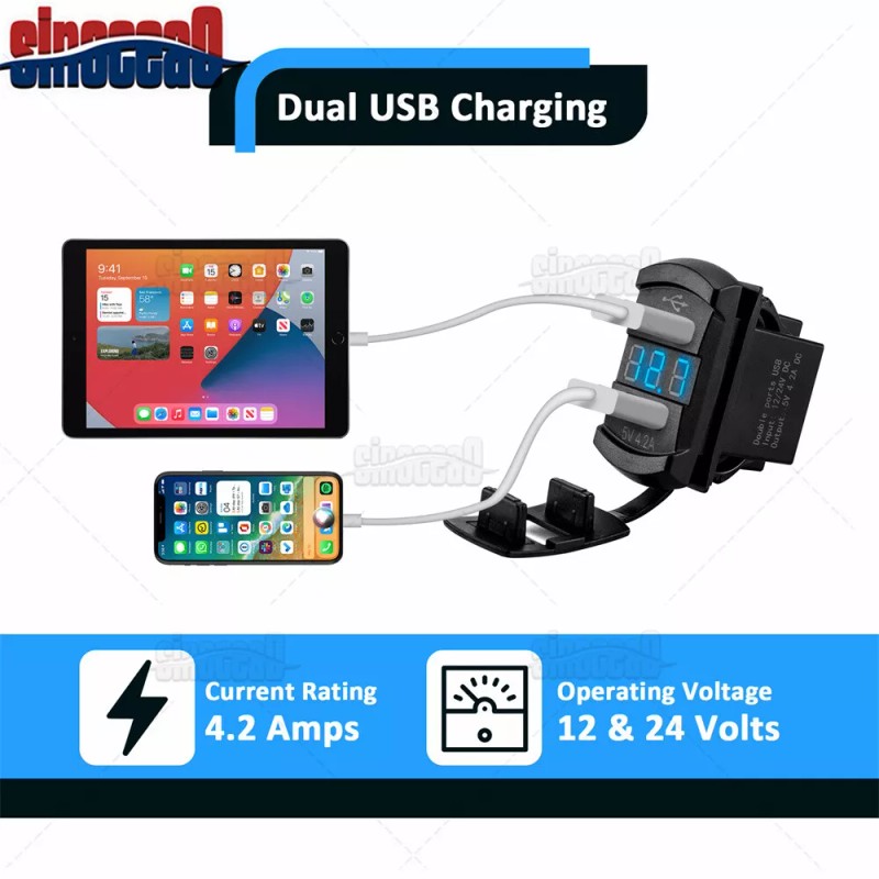 SI Dual USB Charger Socket LED Voltage Voltmeter Rocker Switch