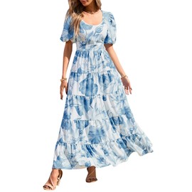 PRETTYGARDEN Womens Dresses 2025 Puff Sleeve Floral Casual Summer Dresses Smocked Top Beach Flowy Tiered Maxi Dress (White Blue Flower, XX-Large)