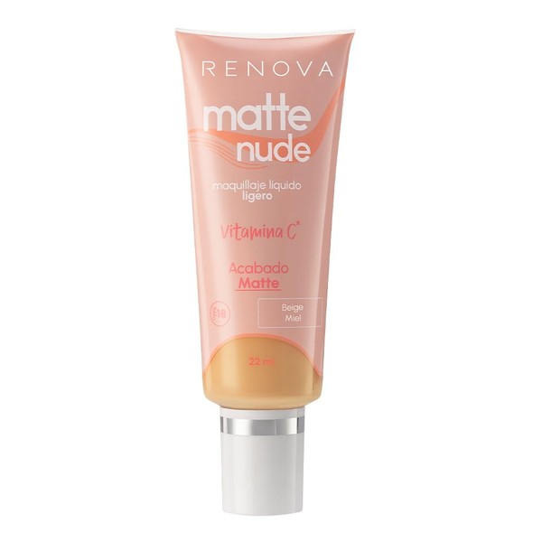 Renova| Maquillaje Liquido Matte Nude Miel, Con Vitamina C, FPS