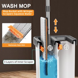 JUDRDO Mop and Bucket with Wringer Set for Home, Flat Mop Bucket Set with 3 Washable Microfiber Pads, Wet and Dry Mop with Long HandleWall Cleaner for All Floor Types and Windows