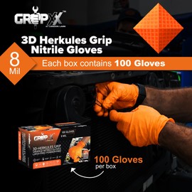 GRIPXX Herkules Grip Heavy Duty 8Mil Orange Nitrile Gloves,3D Raised Diamond Texture-Latex & Powder Free-Industrial, Mechanic (1, Small)