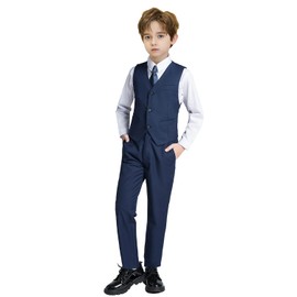 Mosedou Traje Formal para niños, Chaleco y pantalón para Boda, Azul Marino, 14 Años