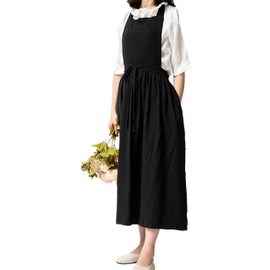 ACHSOO Cotton Solid Color Pinafore with Pockets Cross Back Straps Casual Bib Aprons Cooking Gardening Coffee Shop (Black)