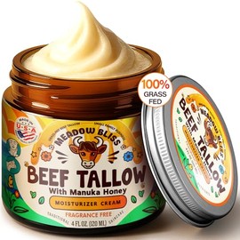 Meadow Bliss Beef Tallow for Skin - Moisturizer Cream - 100% Grass Fed - Whipped Beef Tallow - Manuka Honey - Organic Jojoba Oil, Shea Butter - Supports Eczema, Rosacea - USA - Fragrence Free - 4 oz