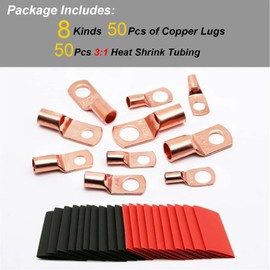 100 Pcs Copper Wire Lugs Set，50 Pcs Wire Lugs，50 Pcs Heat Shrink Tubing，AWG 6 8 10 12 with Heat Shrink Tubing and Ring Terminals for Wires