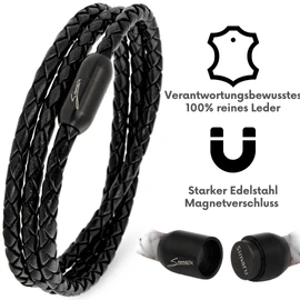 Simaru Leather Bracelet Made in Germany, Braided Wrap Bracelet, Premium Leather from Catalonia with Magnetic Closure, Waterproof and Skin-friendly, 4 mm, Leather, 0