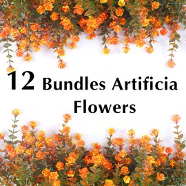 Artificial Mums for Outdoors, 12 Bundles Faux Mums for Outdoor Fall Planters,Uv Resistant Eucalyptus Artificial Fake Flowers Plants, Realistic Fall Decor for Porch, Patio, Yard (Fall Orange)