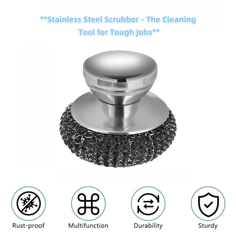 Stainless Steel Scrubber for Dishes with Stainless Steel Handle, Steel