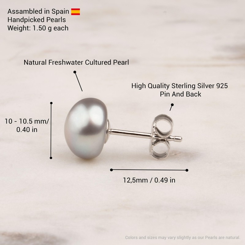 Women's Pearl Earrings Grey Freshwater Cultured Pearls Button Shape Grey