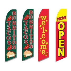 4 Swooper Flags Mexican Food Restaurant Tacos Burritos Open Welcome Red Green