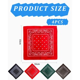 QLEUIFT 4 x Bandana, Bandana Headscarf for Men and Women, Bandanas with Original Paisley Pattern, Headwear, Hair Scarf, Approach, Wrist Head, Biker, Red, Black, Green, Grey, 54 x 54 cm
