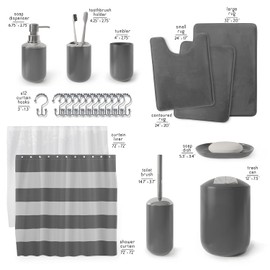 Clara Clark Bathroom Set - Gray Bathroom Accessories Set, Bathroom Sets with Shower Curtain and Rugs, 23PC Shower Curtain Set with Liner, Soap Dispenser, Soap Dish, Toilet Brush Holder, and Trash Can