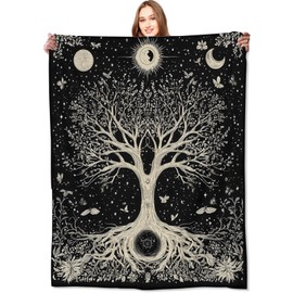 VODRM Tree of Life Retro Blanket Mystical Spiritual Seekers Black Throw Blankets,Birthday Gifts for Women Men,Lightweight Soft Fleece Cozy for Sofa Couch Bed Room Boho Decor 50x60in