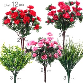 Thiccywoov 12pcs Artificial Flowers for Outdoor Fake Silk Camellia UV Resistant Realistic Eucalyptus Leaves Fake Grass Greenery for Front Door Porch Planter Pot Patio Balcony Decor(Vivid)
