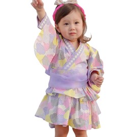 SLINX HF16 Yukata, Girls, Children, Baby, Kids, Summer Festival, Kimono, Yukata, 2-piece Set, Obi Set, 100% Cotton, Ruffle, Japanese Pattern, One Piece, Yukata Dress, Fireworks Display, purple, 130