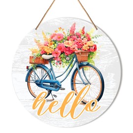 Muktoujaumai Hello Spring Door Sign, Spring Welcome Sign for Front Door Spring Hanging Sign Decorations Farmhouse Bike Decor Wall Sign for Porch, Patio, Home