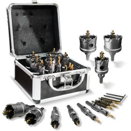 14Pcs TCT Hole Saw Kit with case, 1/2"-1-57/64" Heavy-Duty Tungsten Carbide Hole Saws Sets for Metal, Stainless Steel, Iron, Wood, Plastic, with 4*Detachable Pilot Drill Bits and 2*L-Wrench