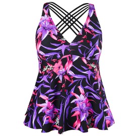 Firpearl Traje de baño tankini para mujer, espalda cruzada, parte superior de natación fluida, traje de baño, Floral morado y rojo., 16
