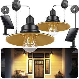 FabStyl Solar Pendant Light Indoor Outdoor, Solar Shed Light IP65 Waterproof Metal Powered Chandelier, Gazebo Lights with Pull Cord for Garden, Chicken Coop, Gazebo, Barn, 2 Packs