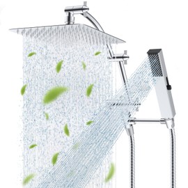 Hibbent All Metal Certificado CUPC Cabezal de ducha de lluvia de 10 pulgadas, doble cabezal de ducha, varita de ducha de mano de alta presión, brazo d