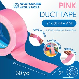 SPARTAN INDUSTRIAL - 2" X 30 yd Waterproof Pink Duct Tape - 2 Colored Tape Rolls for Crafts, Repairs, and More - Waterproof, No Residue, 9 Mil