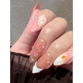 Handmade Press On Nails impress Fake Nails Medium Almond 3D Sea Shell Summer Cute beach nails Butterfly Finger Manicure glue False press ons Nail Artificial (S size)