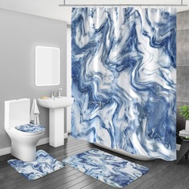 MitoVilla 4 Pcs Navy Blue Bathroom Sets with Shower Curtain and Rugs and Accessories, Abstract Dark Blue Bathroom Shower Curtain Sets with Rug, Luxury Marble Shower Curtain for Bathroom Decor