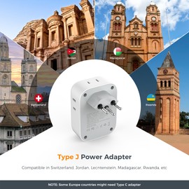 Switzerland Power Adapter 2 Pack, TESSAN Type J Adaptor with 4 Outlets 3 USB Charging Ports(1 USB C), Swiss Travel Plug for US to Switzerland, Liechtenstein, Rwanda
