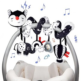 XIXILAND Juguetes de Coche Musicales para Asiento de Bebé en Negro y Blanco, Juguetes para Bebés, Juguetes para Niños de 0 a 6 Meses, Juguetes para Carriola, Regalo de Desarrollo para Recién Nacidos
