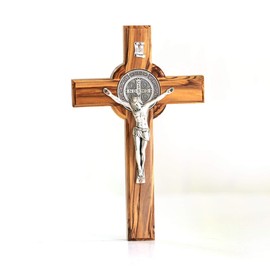 KASSIS Olive Wood St. Benedict Cross for Hanging Benedict Cross Wall Cross Crucifix for Confirmation Birth Communion Christening 16 x 9.5 cm