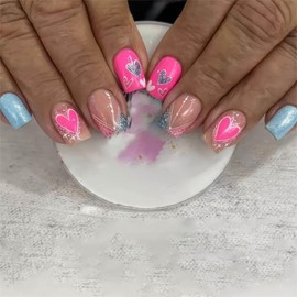 24Pcs Press on Nails Short Square Pink & Blue Fake Nails Glitter Full Cover Nails Press Ons with Cute Heart Design Acrylic False Nails Glossy Stick on Nails for Women Artificial Nails Kit