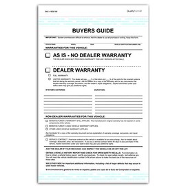 2 Part Dealer Buyers Guide Form, English Format - As is - No Dealer Warranty/Dealer Warranty (100)