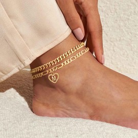 ABDOT Dainty Gold Ankle Bracelets for Women 14K Gold Plated Heart Initial Anklets for Women Teen Girls Stackable Cuban Figaro Chains Women's Anklets Anklets for Women Waterproof