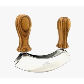Natural Olive Wood Professional Gourmet Mezzaluna Chopping Knife, Double Blade Stainless Steel Made in Italy