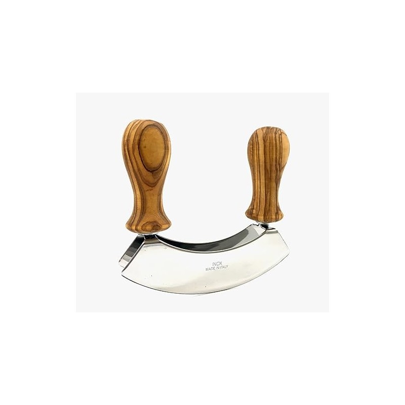 Natural Olive Wood Professional Gourmet Mezzaluna Chopping Knife, Double Blade