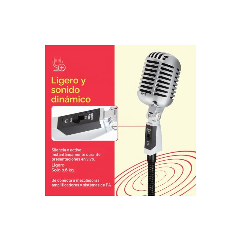 Pyle - Micrófono vocal clásico retro dinámico, micrófono cardioide unidireccional