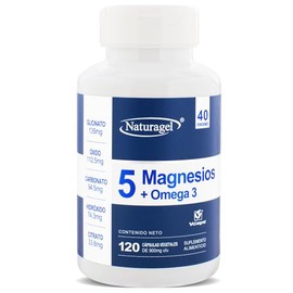 MAGNESIO COMPLEX | Naturagel 5 Magnesios Complex + Omega 3 | Glicinato, Citrato, Carbonato, Hidróxido y Oxido | Apoya Energia, Relajacion Muscular y Sueño | 120 Cápsulas de VCaps de 900 mg