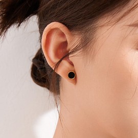 Stud Earrings Black Agate 18CT Gold Plated Studs Sterling Silver Earrings Hypoallergenic Black Onyx Stone Round Circle Earring Studs Jewellery 6-12mm for Women Men Couple Anniversary Birthday