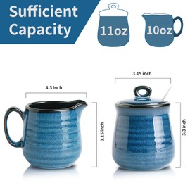 Hasense Sugar and Creamer Set, 3 Pieces with 11 Ounce Sugar Bowl with Lid and Spoon, 10 Ounce Creamer Pitcher, Ceramic Milk Pitcher and Sugar Pot for Coffee Bar, Coffee Serving Set, Navy Blue