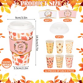 72 Set Fall Disposable Coffee Cups with Lids and Sleeves Fall Themed Disposable Coffee Cups for Hot or Cold Drinks Pumpkin Maple Leaf Paper Drinking To Go Cups for Autumn Harvest Party Supplies
