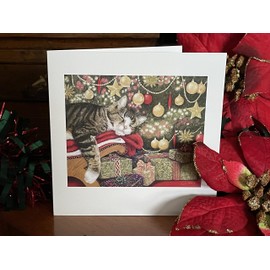 A Rare Breed Cat Christmas Card - 'I'm Watching' UK Made Xmas Scene with a Tabby and Presents in a Homely Scene. Seasonal Greeting Cards Printed Inside. Recyclable.