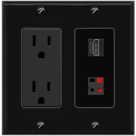 RiteAV 15A Power Outlet 1 Port HDMI 1 SPEAKER Jack Decorative Wall Plate [Black]