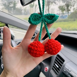Car Rear View Mirror Hanging Accessory, Cute Cherry Car Accessories, Crochet Car Decor, Hand Knitted Car Mirror Hanger
