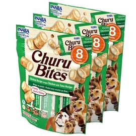 INABA Churu Bites for Dogs, Grain-Free, Soft/Chewy Baked Chicken Wrapped Churu Filled Dog Treats, 0.42 Ounces Each Tube | 24 Tubes Total (8 Tubes per Pack), Chicken with Tuna Recipe