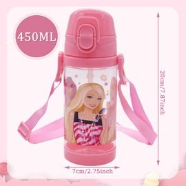 PLNVNVP Barbi Children's Drinking Bottle, 450 ml, with Straw, Princess Drinking Water Bottle, BPA-Free, Leak-Proof, Pink for Nursery, School, Outdoor Sports