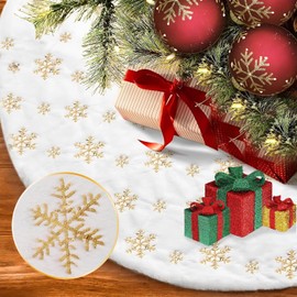 ANNIEMOOM Falda para Arbol de Navidad, 48in Pie de Arbol Navideño Blanca con Copos de Nieve de Lentejuelas, Falda para Arbol de Pedestal Grosor para decoración de Navidad, año Nuevo, Fiesta(Oro)