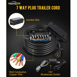 PARTSam 7 Way Trailer Wiring Harness Kit 8ft Trailer Cord 12V Breakaway Switch and Plug Holder Trailer Connector Cable Wiring Harness with 7 Gang Junction Box Waterproof