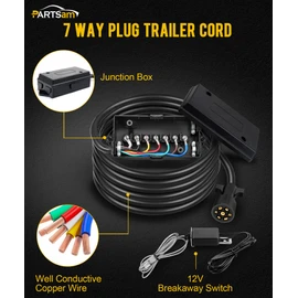 PARTSam 7 Way Trailer Wiring Harness Kit 8ft Trailer Cord 12V Breakaway Switch and Plug Holder Trailer Connector Cable Wiring Harness with 7 Gang Junction Box Waterproof
